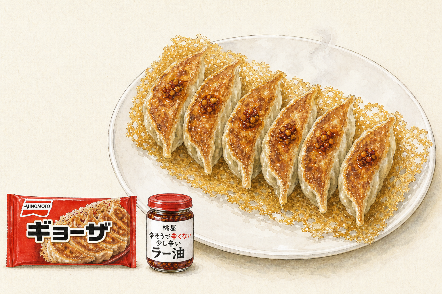 羽根つきギョーザ6個に桃屋の食べるラー油をのせた一皿