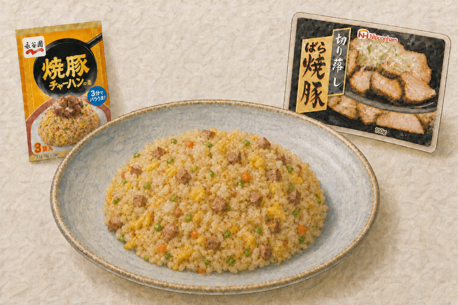 永谷園の焼豚チャーハンの素を定番商品として描き、少量の日本ハム切り落しばら焼豚を加えたチャーハンの手描き風料理イラスト