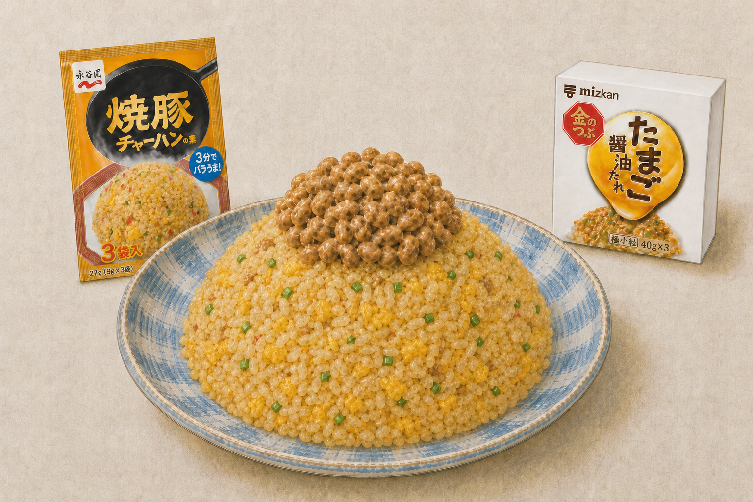永谷園の焼豚チャーハンの素を定番商品として描き、丸くこんもり盛ったチャーハンの中央頂上に金のつぶたまご醤油たれ納豆を載せた手描き風料理イラスト