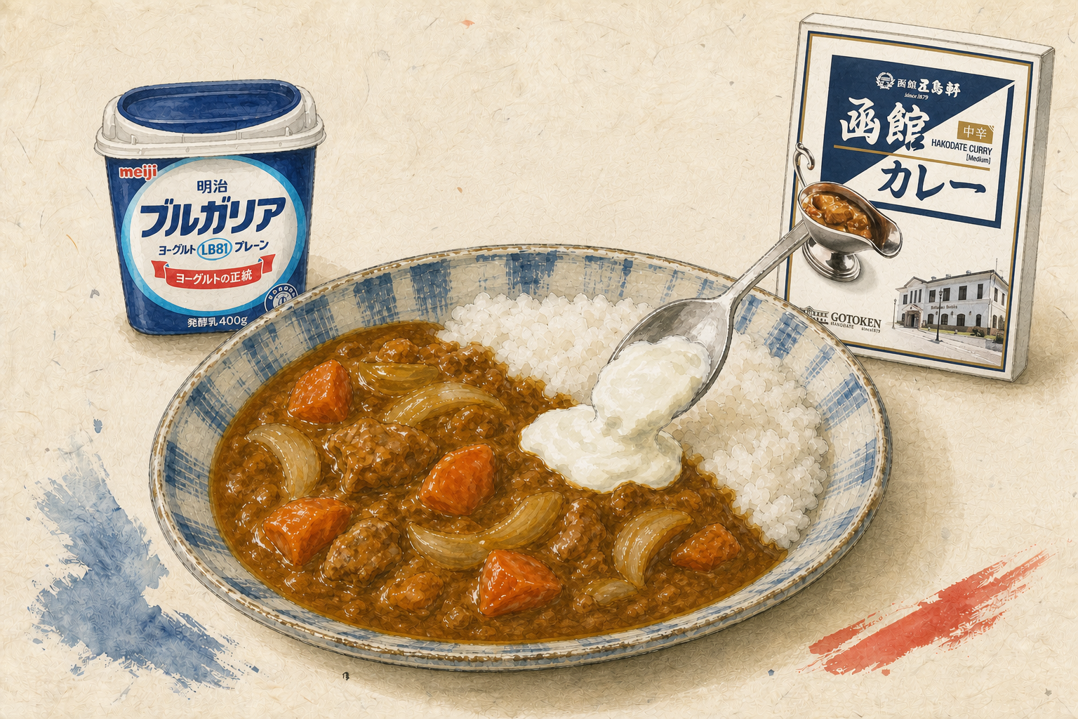 五島軒函館カレーに明治ブルガリアヨーグルトLB81プレーンを加える手描き風料理イラスト