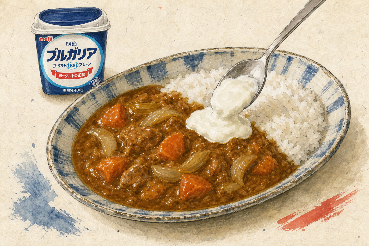 レトルトカレーに明治ブルガリアヨーグルトをひとさじ加える手描き風料理イラスト