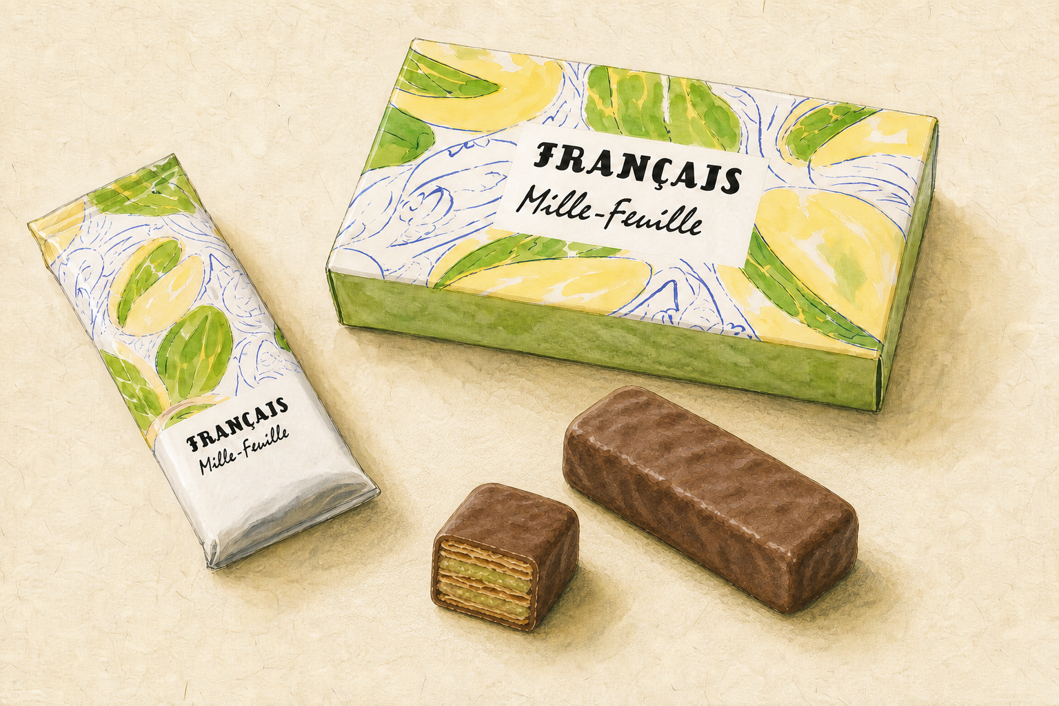 フランセの果実をたのしむミルフィユ ピスタチオ5個入の箱、個包装、菓子の断面を描いた手描き風イラスト