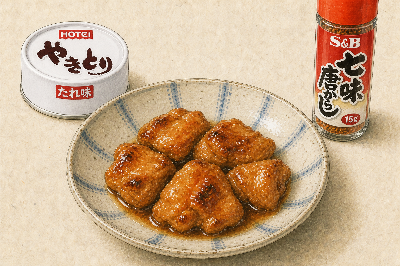 ホテイのやきとり たれ味にS&B七味唐からしを振った一皿
