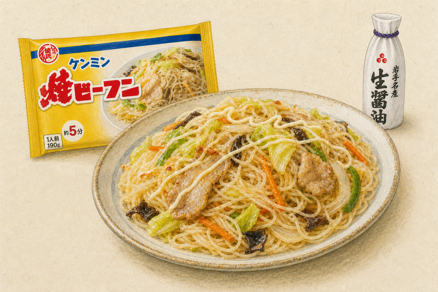 マヨネーズをかけた焼ビーフン、ケンミン食品の冷凍ケンミン焼ビーフン190gの黄色い包装、佐々長醸造の岩手名産 生醤油1Lの白い包み型ボトルを描いた手描き風料理イラスト