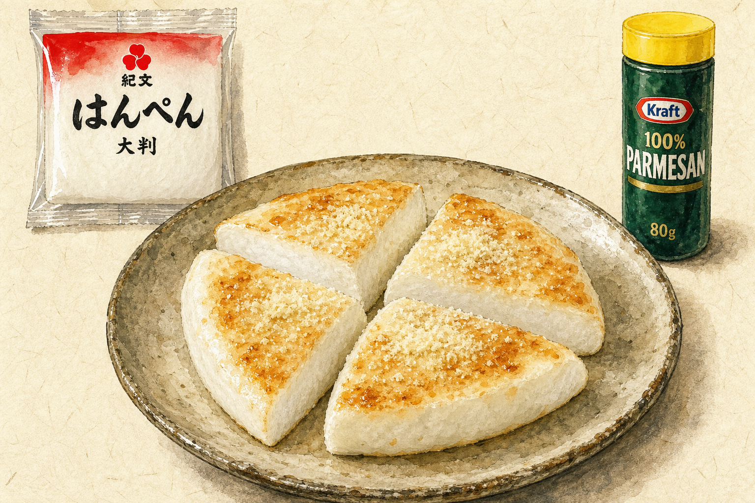 紀文食品のはんぺん大判1枚へクラフト 100%パルメザンチーズ5gを振って焼いた完成料理イメージ