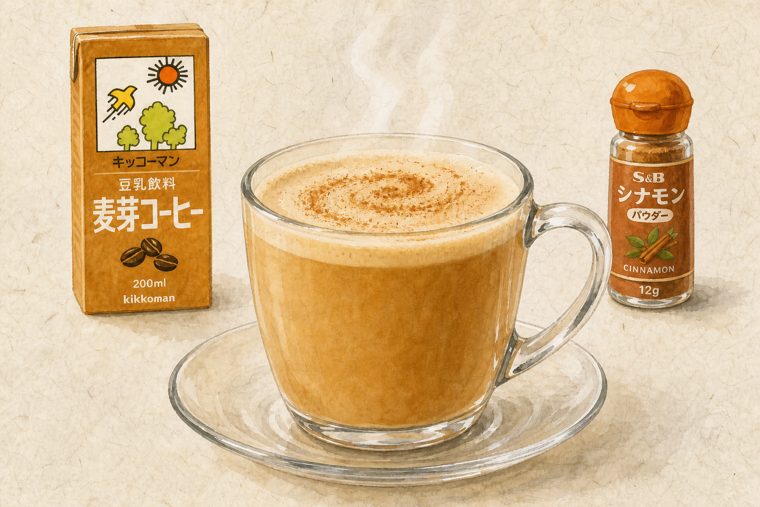 キッコーマンの豆乳飲料 麦芽コーヒー200mlへS&Bシナモン0.2gを混ぜた完成料理イメージ