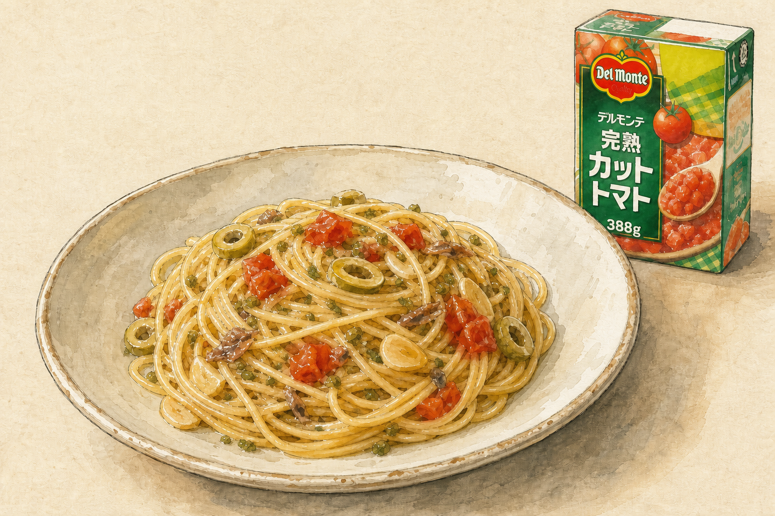 地中海風パスタとデルモンテ完熟カットトマト388gの紙パックを描いた手描き風料理イラスト