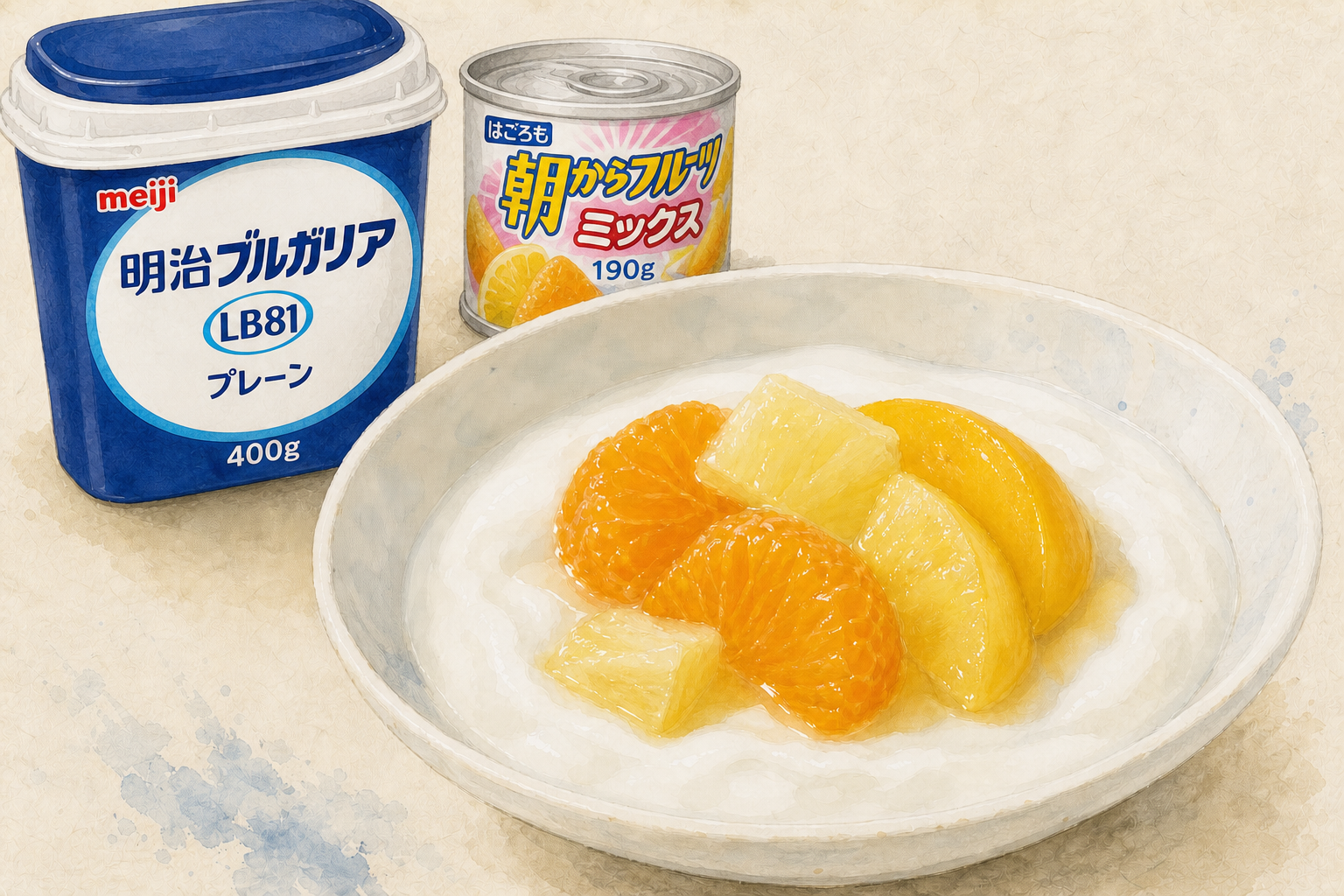 明治ブルガリアヨーグルトに朝からフルーツミックスをのせた一皿