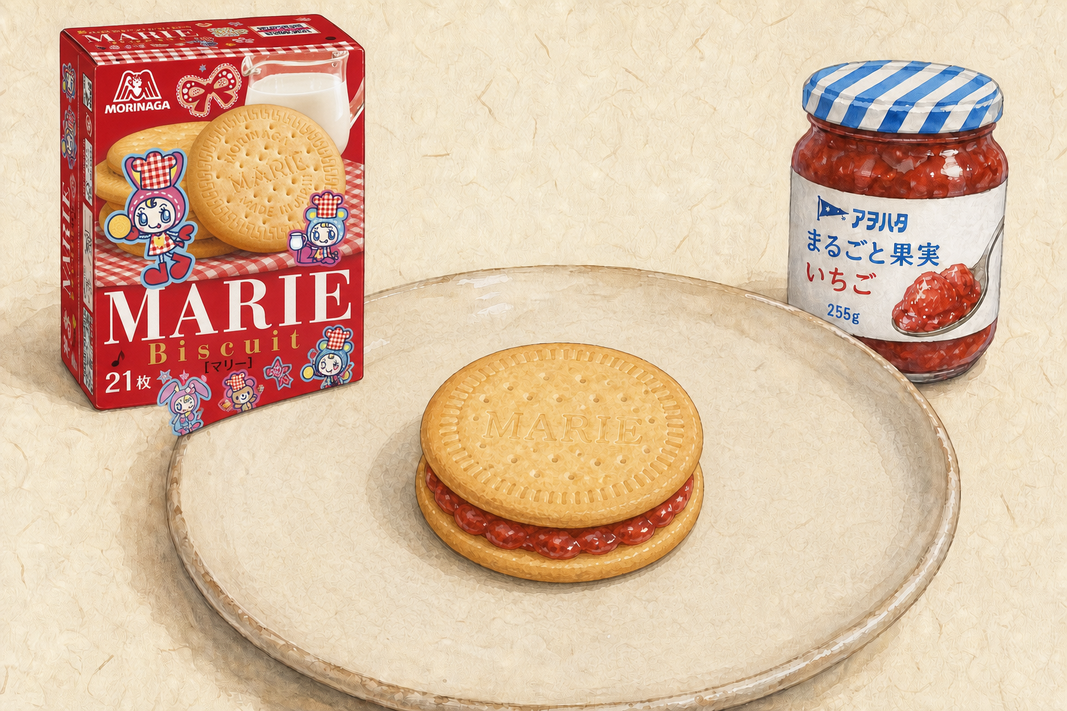 森永製菓のマリー2枚にアヲハタ まるごと果実 いちご10gを挟んだ完成料理イメージ