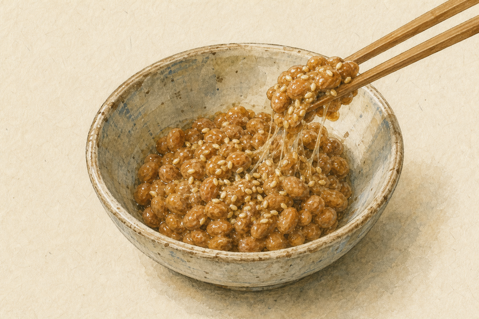 パック納豆にいりごまを加えた手描き風料理イラスト