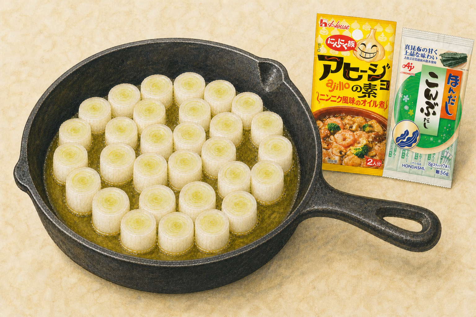 黒い鋳鉄スキレットに約3cmの白ねぎを立て、ハウスのアヒージョの素と味の素のこんぶだしを添えたネギージョの手描き風イラスト