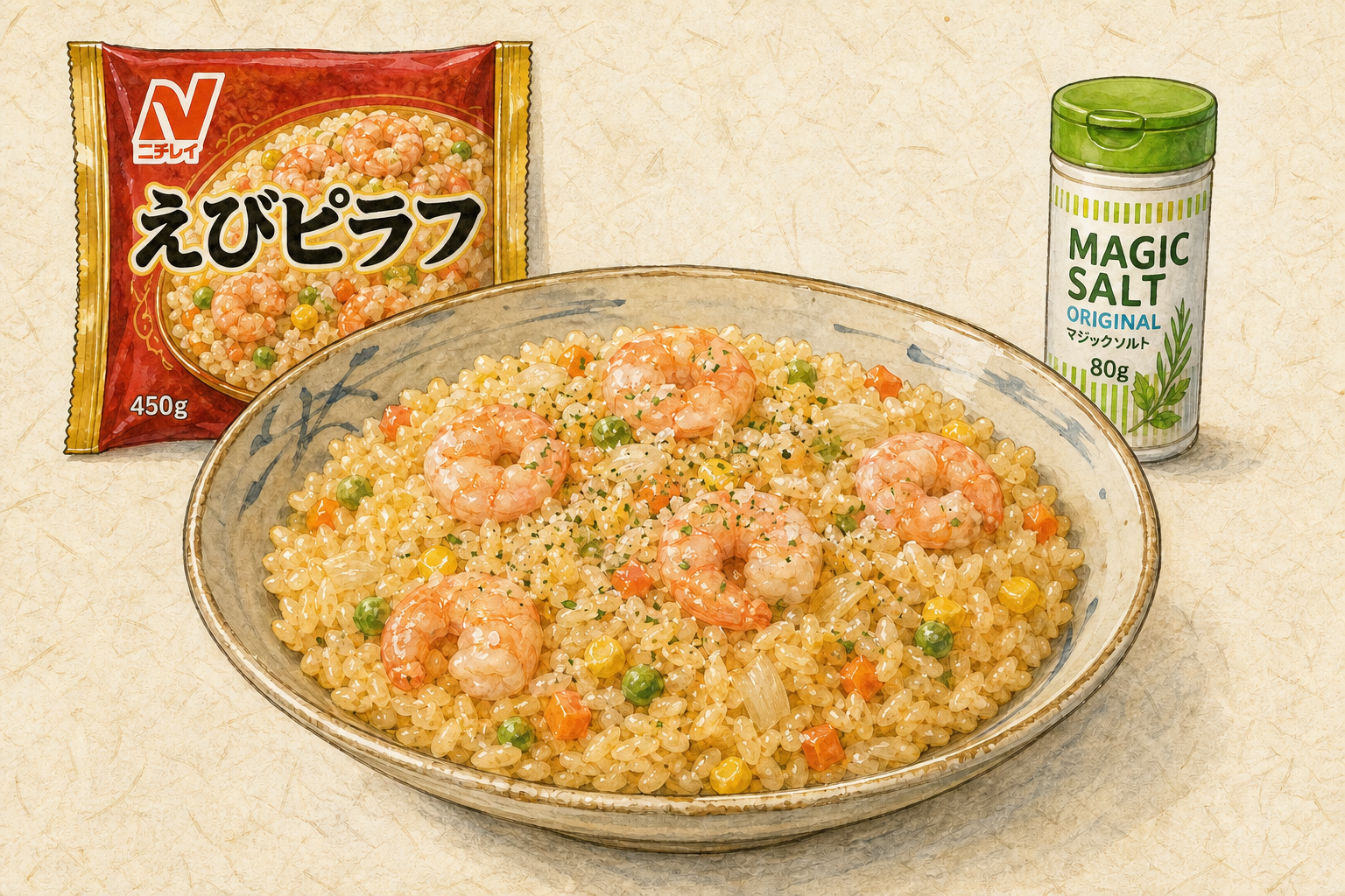 ニチレイフーズのえびピラフ225gへS&Bマジックソルト オリジナル0.5gを混ぜた完成料理イメージ