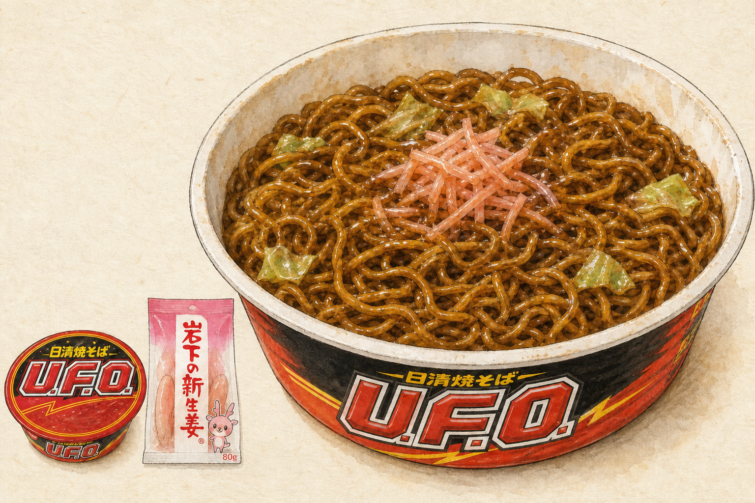 日清焼そばU.F.O.に岩下の新生姜10gをのせた一杯