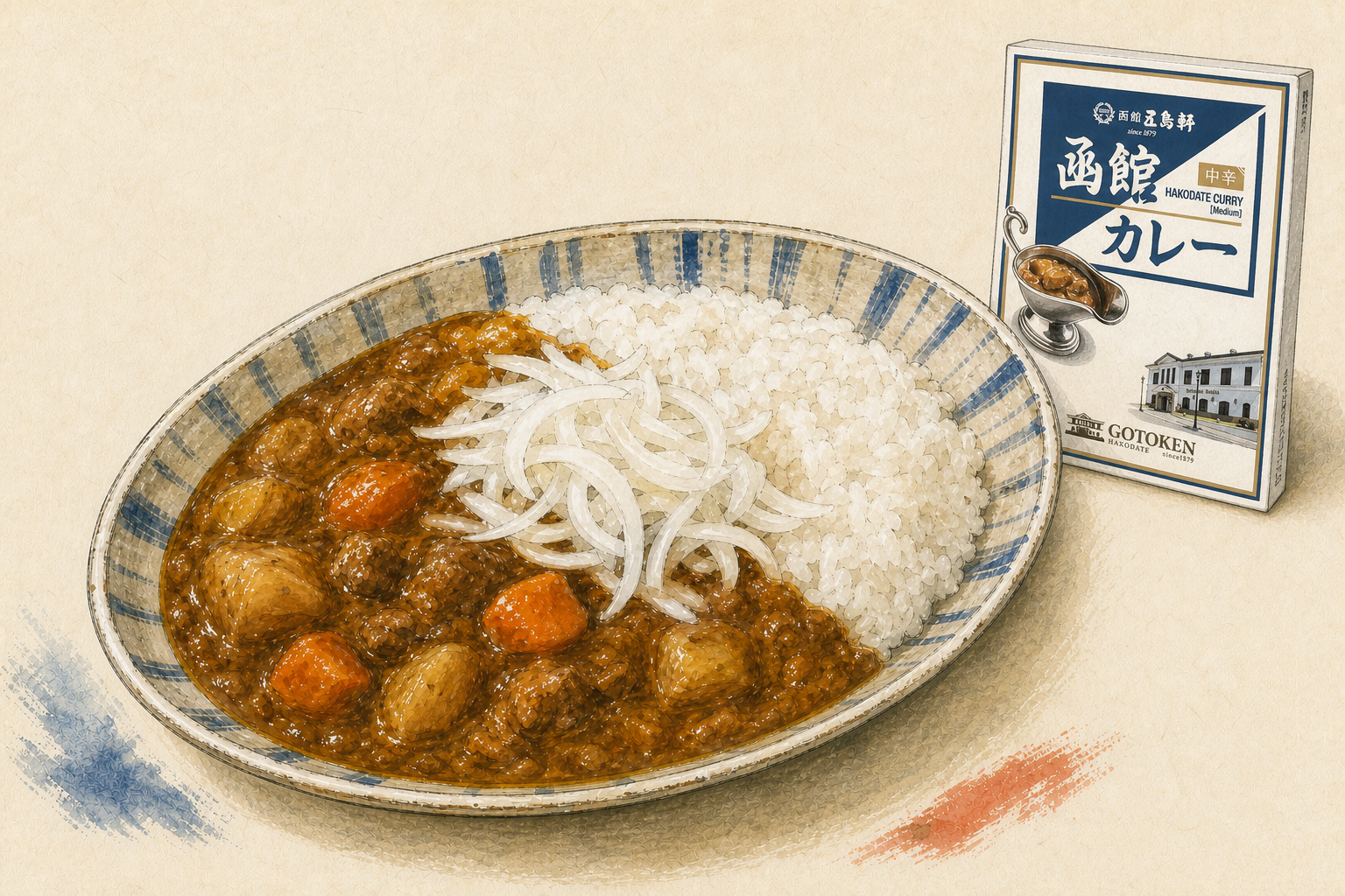 五島軒函館カレーに市販の玉ねぎスライスを加えた手描き風料理イラスト