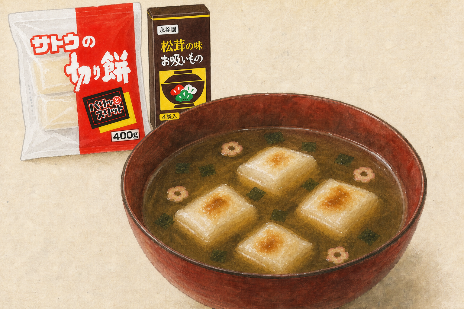 焼いたサトウの切り餅を永谷園の松茸の味お吸いものに入れた一杯