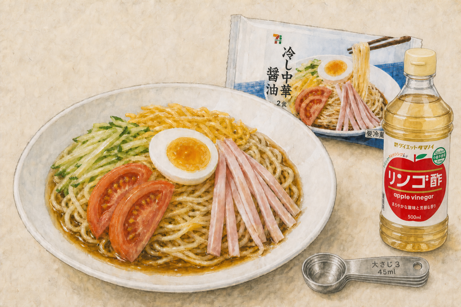 7プレミアムの醤油冷し中華とタマノイ酢のリンゴ酢500mlを描いた手描き風料理イラスト