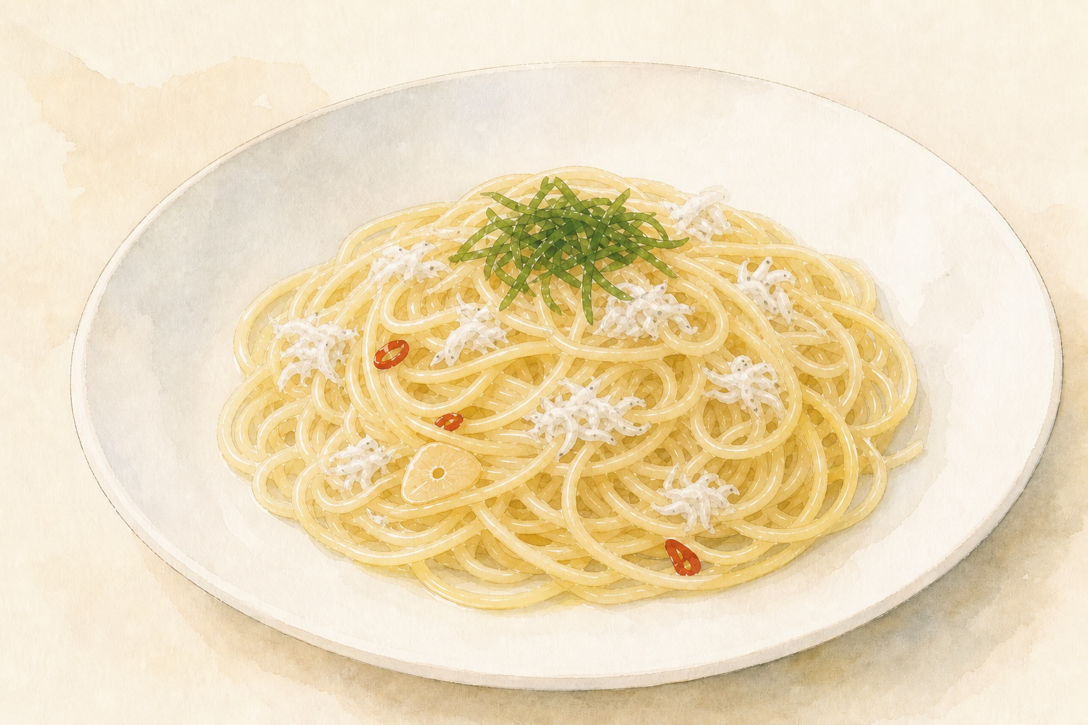 しらすを全体に散らし、細切りの青じそをのせたペペロンチーノの手描き風料理イラスト