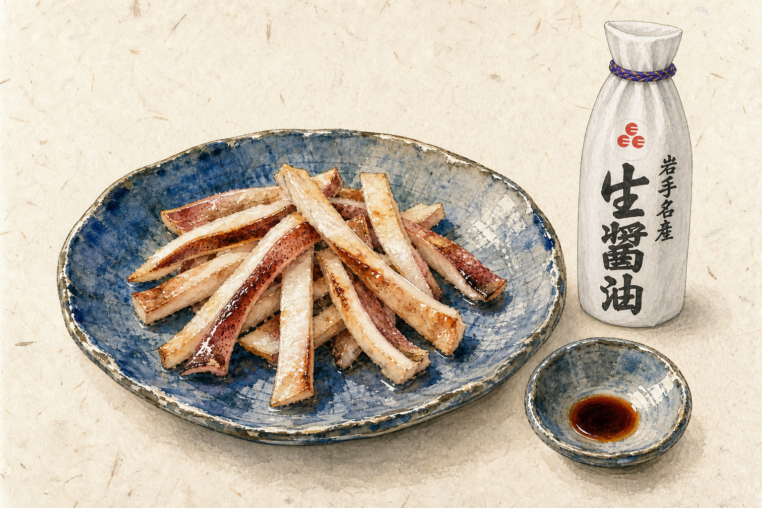 青い陶器皿に盛った温かい焼きいか、少量の醤油を入れた小皿、佐々長醸造の岩手名産 生醤油をイメージした白い包み型ボトルの手描き風イラスト