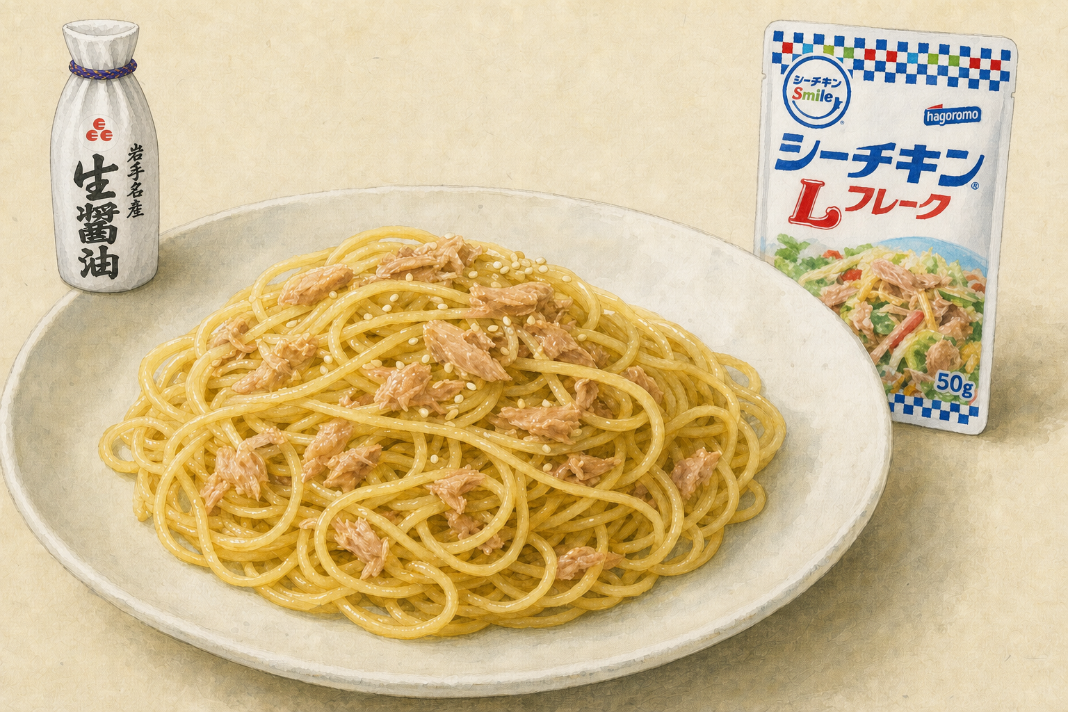 ツナ入りペペロンチーノ、はごろもフーズのシーチキンSmile Lフレーク50gの白いパウチ、佐々長醸造の岩手名産 生醤油1Lの白い包み型ボトルを描いた手描き風料理イラスト